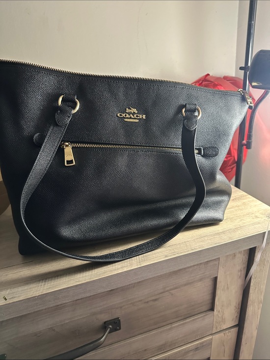 Coach Handbags - Coach Black Leather Tote with Gold Logo and Zip